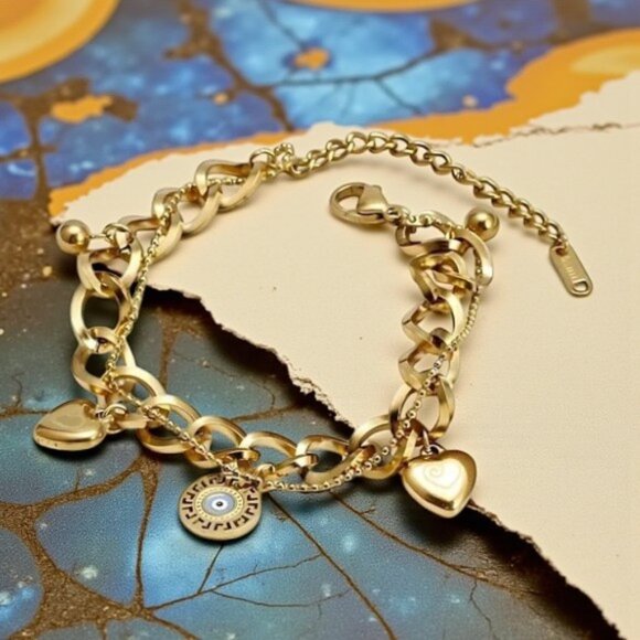 🆕️18K Gold Plated Stainless Steel Double Chain Bracelet Heart Evil Eye Charm 🌟 - Picture 5 of 9